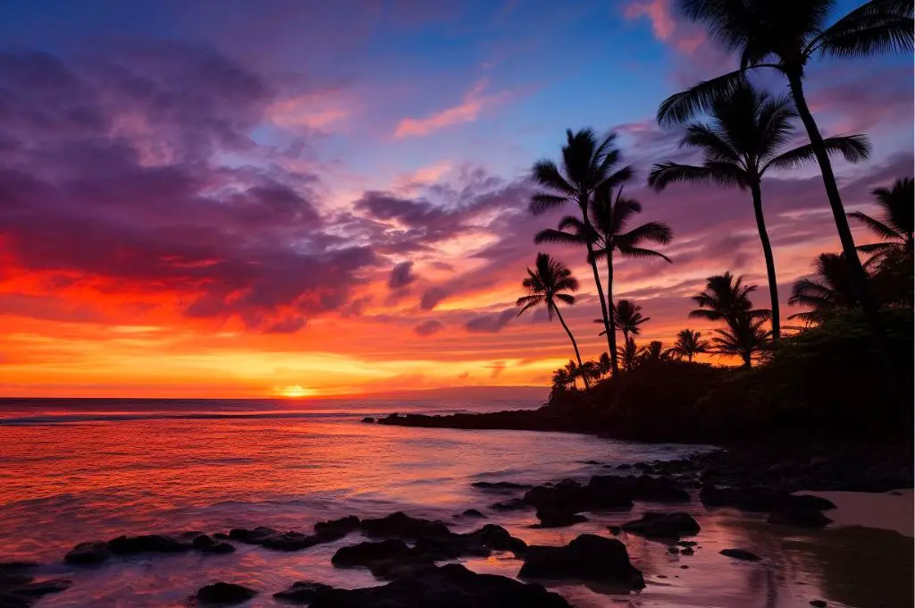 hawaii in january - a sunset with palm trees on a beach.