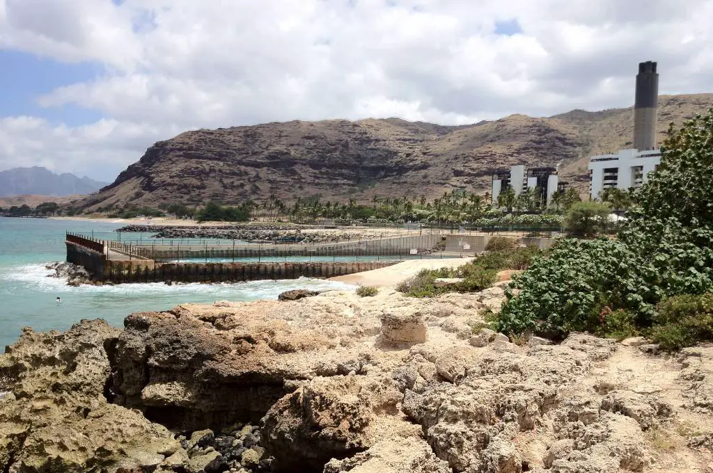 electric beach on oahu with the power plant