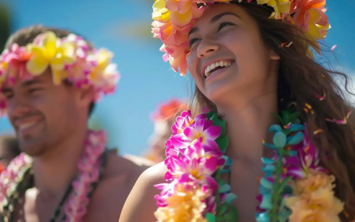 hawaii in may - a couple dressed in colorful leis
