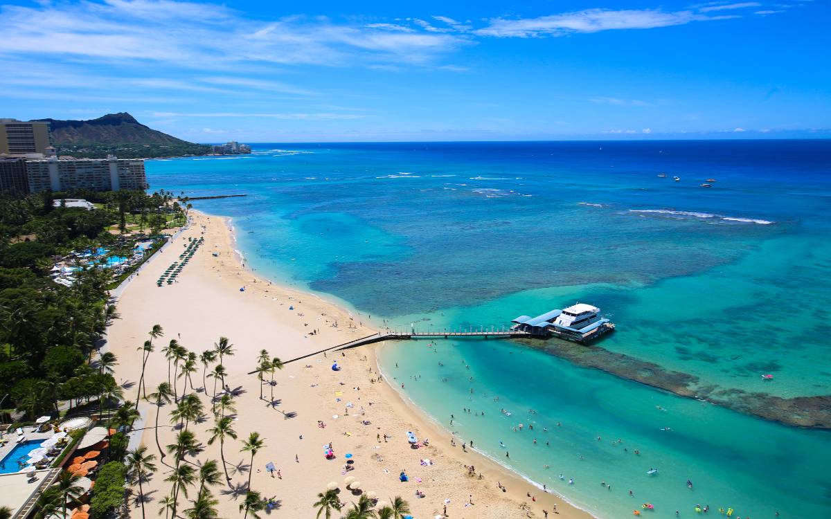 hawaii in summertime - waikiki beach with people