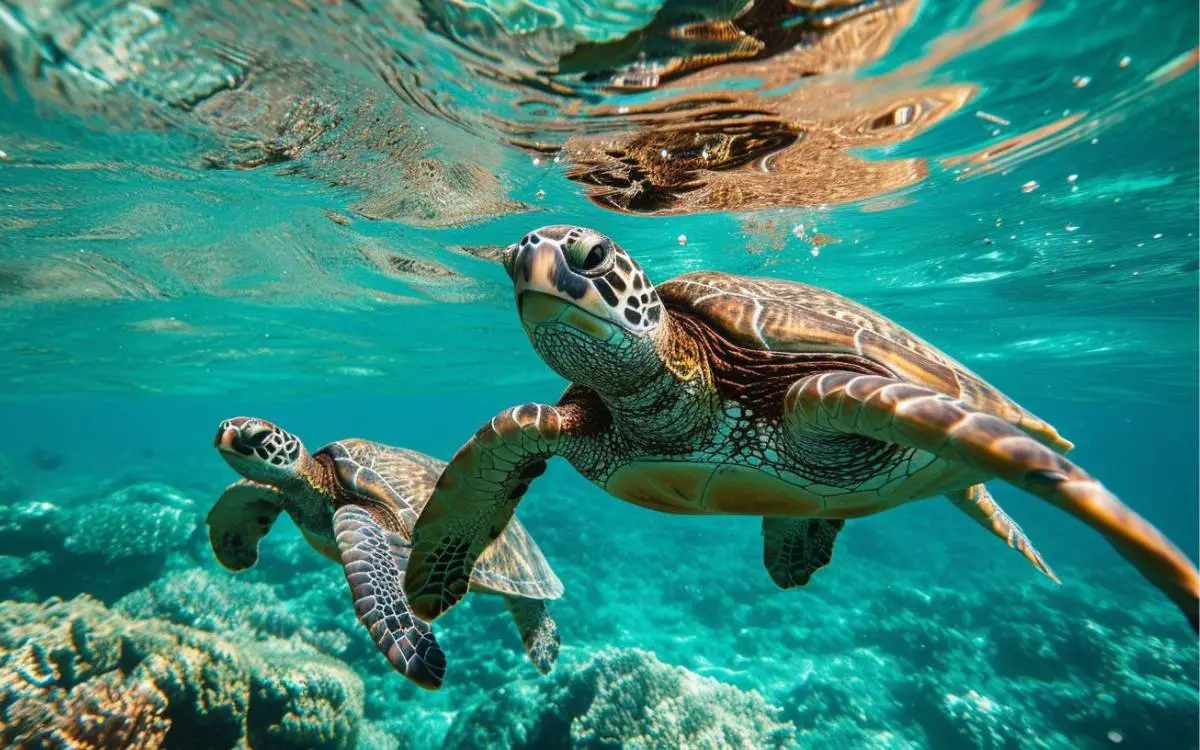 where to see turtles in oahu - two turtles swimming in the sea