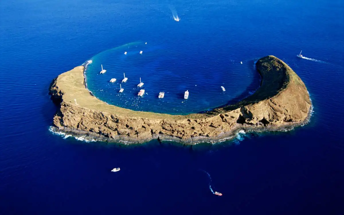aerial view of molokini crater snorkeling