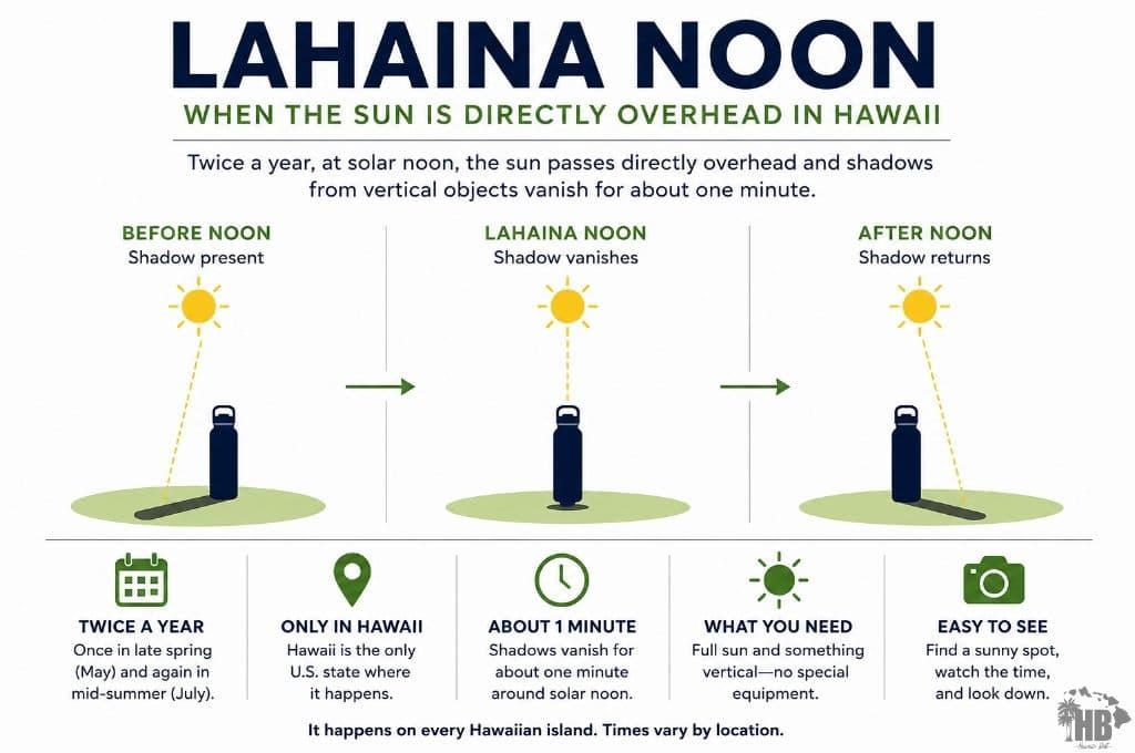 Illustration showing the sun directly overhead during Lahaina Noon in Hawaii