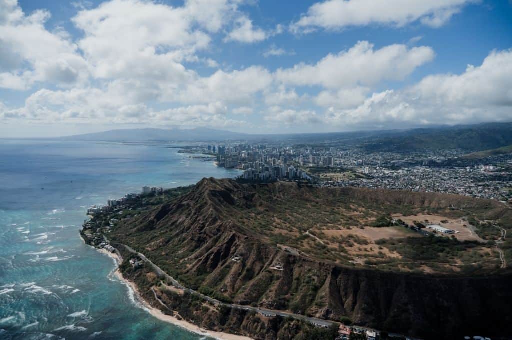 Diamond Head crater on Oahu beneath a clear blue sky