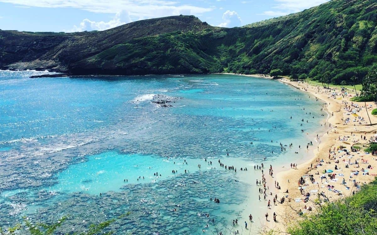 Hanauma Bay’s turquoise water viewed from the crater overlook on Oahu