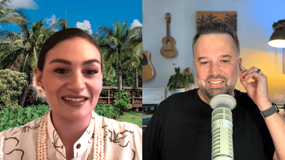 Bryan Murphy recording a podcast conversation with Jaedyn Pavao, Miss Aloha Hula and Hawaiian cultural practitioner.